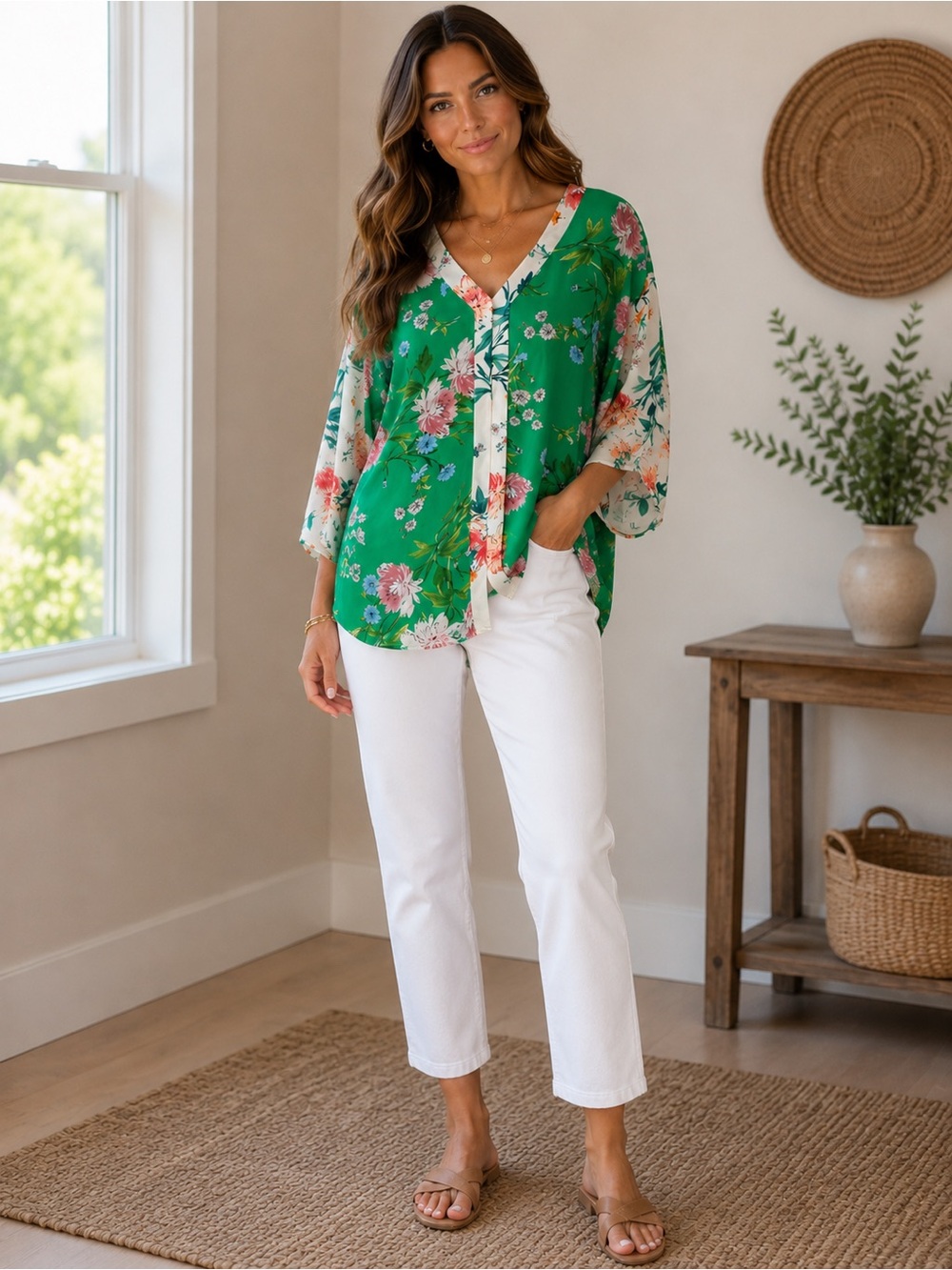 Chenault Green Floral V-Neck Blouse XL Lightweight Boho Tunic Top